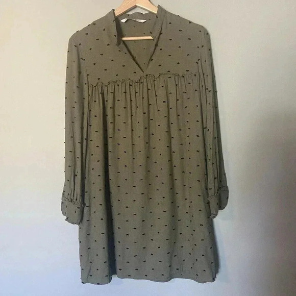 Zara Mini Tunic Dolman Dress Boho Green Pullover Long Sleeve Size M Medium Twee - Picture 1 of 13